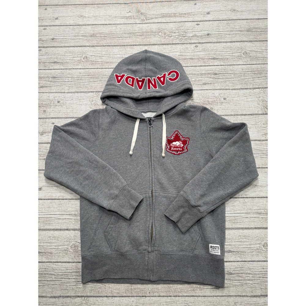 Roots Canada Hoodie Women's Medium Gray Maple Leaf Full Zip Fleece Sweatshirt